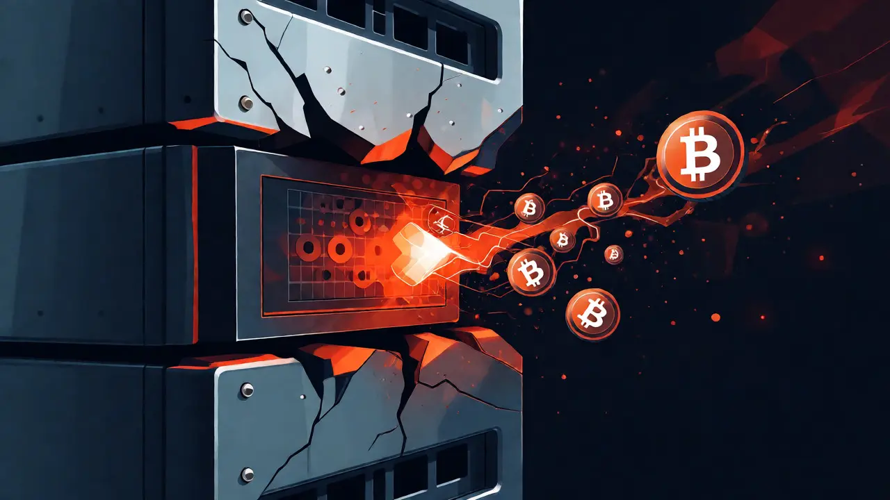 Vector illustration of a hacked crypto server draining funds