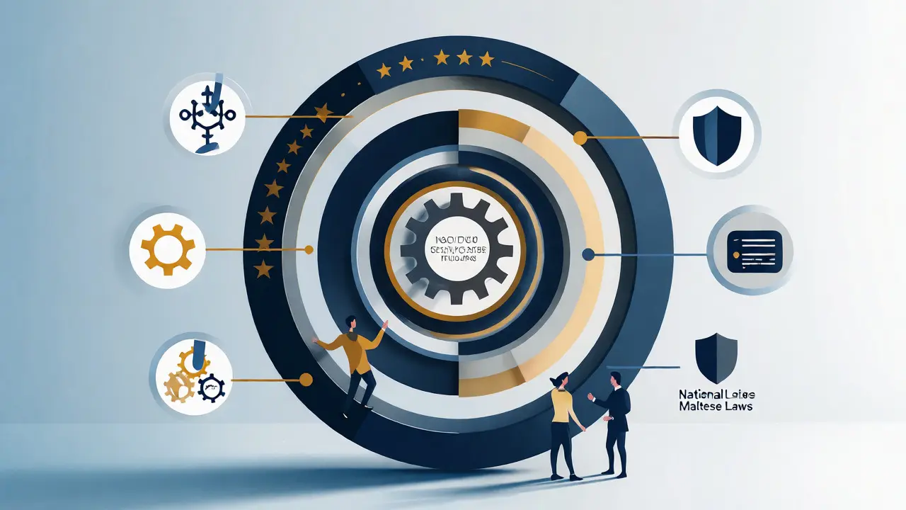 Abstract vector diagram of three-layered crypto compliance rings
