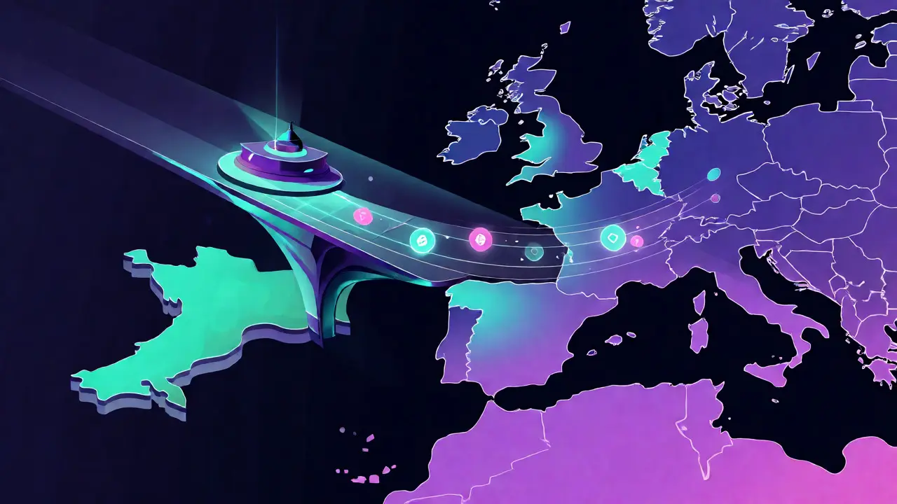 Stylized vector art showing crypto passporting from Malta to Europe